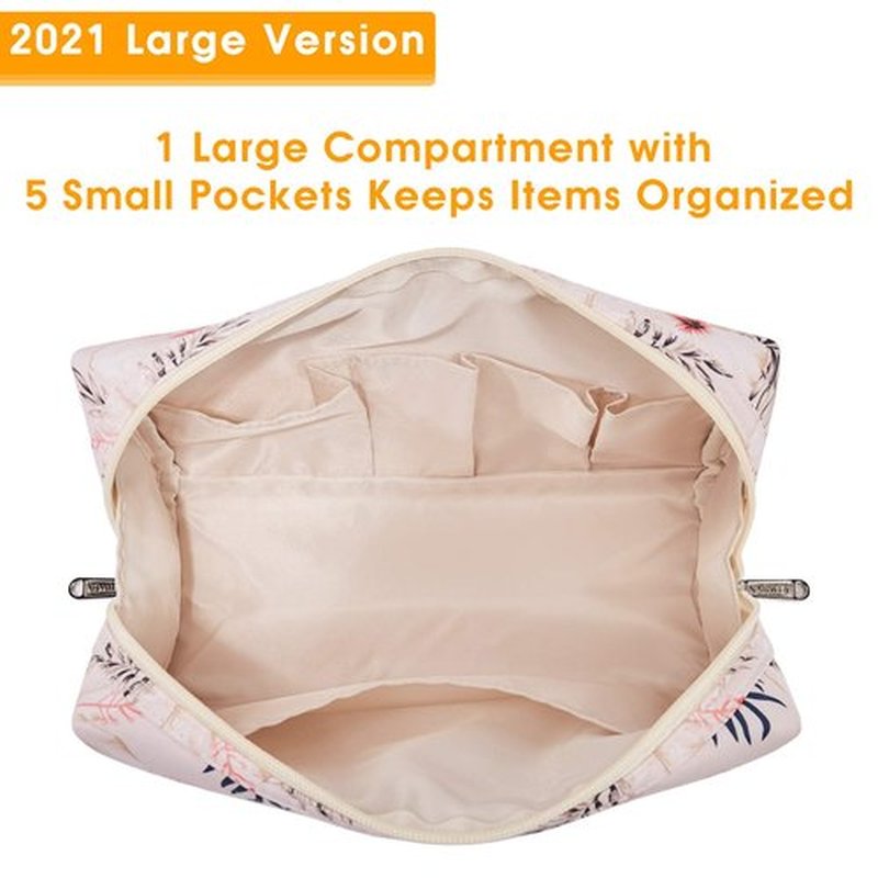 Large Makeup Bag Zipper Pouch Travel Cosmetic Organizer for Women (Large, Beige Bird)