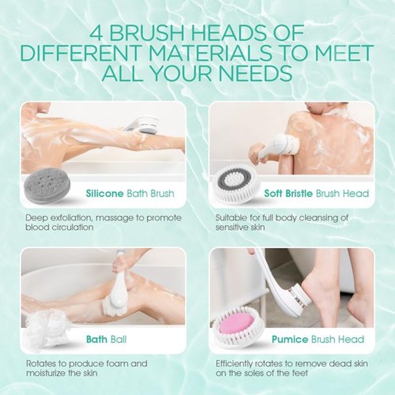 VOYOR Electric Body Brush Back Scrubber for Shower Rechargeable Exfoliating Bath Brush Powered Shower Brush with Non-Slip Long Handle Deep Cleansing, Exfoliation, Massaging Spin Brush BC100 (Gery)
