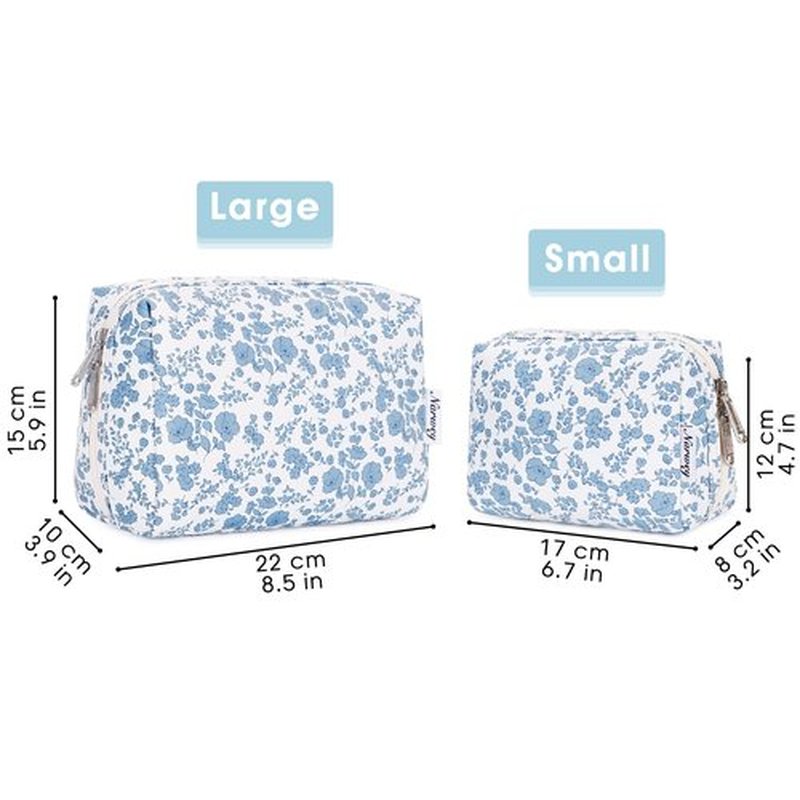 Narwey Cute Floral Makeup Bag Travel Cosmetic Bag Organizer Toiletry Bag Make Up Bags with Organized Pocket for Women (Large, Little Blue Flower)