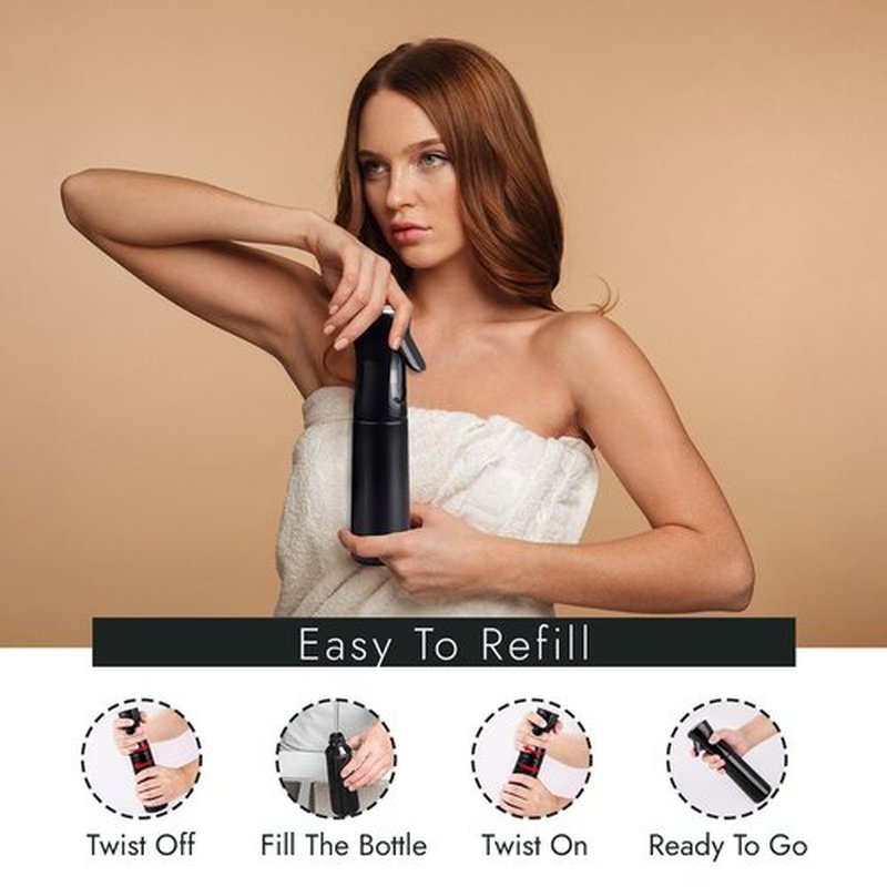 VIGOR PATH Continuous Spray Bottle with Ultra Fine Mist - Versatile Water Sprayer for Hair, Home Cleaning, Salons, Plants, Aromatherapy, and More - Empty Hair Spray Bottle - 300ml/10.1oz (Black)