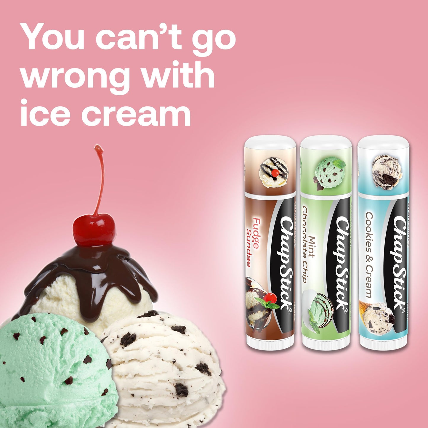 ChapStick Lip Moisturizer, Ice Cream 3-Packs (12 Sets/36 Tubes) - Bulk Lip Balm, Irresistible & Sweet, 0.15 Oz Ea