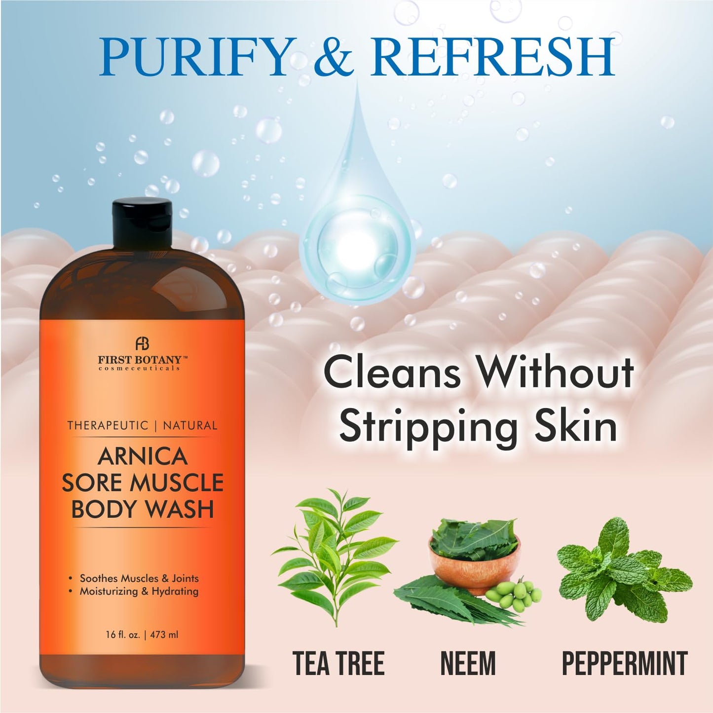 First Botany, ALL Natural Body Wash - Fights Body Odor, Athlete's Foot, Jock Itch, Nail Issues, Dandruff, Acne, Eczema, Shower Gel for Women & Men, Skin Cleanser -16 fl oz (Arnica)