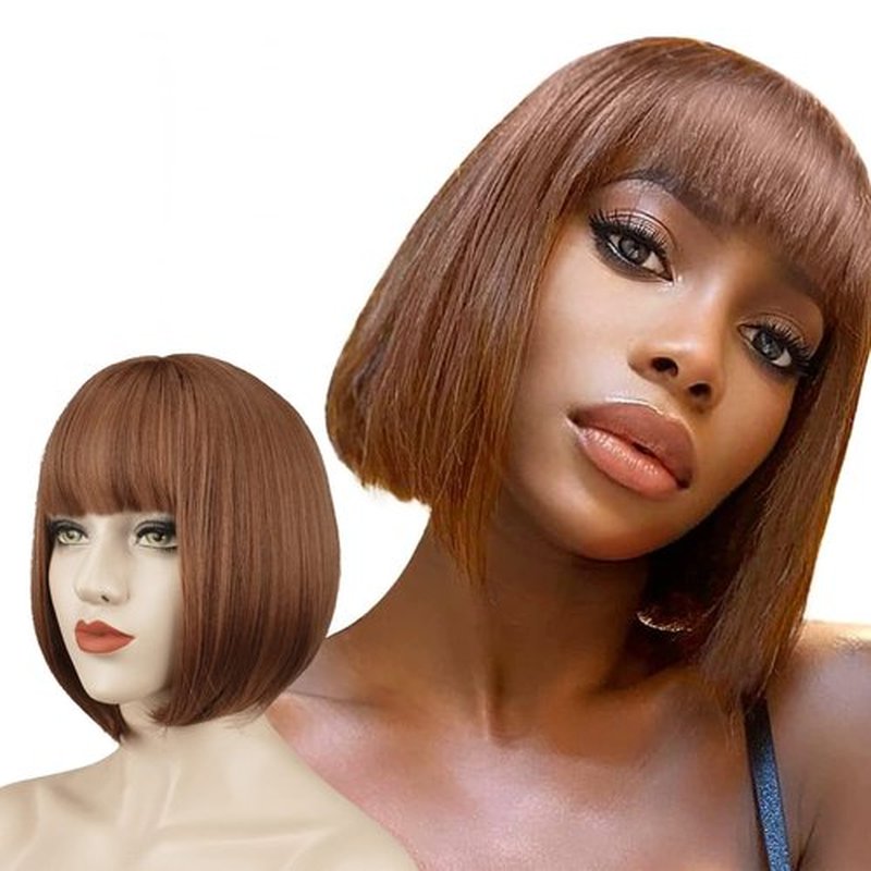 SOFEIYAN Short Straight Bob Wigs with Bangs 11 inch Synthetic Daily Party Cosplay Hair Wig for Black Women, Linen