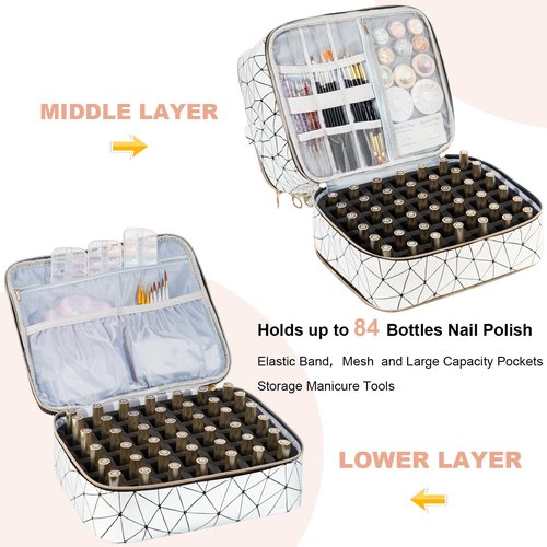 Uross Nail Polish Organizer Bag Holds 84 Bottles Nail Polish & Nail Lamp,Large Gel Nail Polish Organizers and Storage box for Nail Tech, Nail Kit Supplies Organizer Case-White