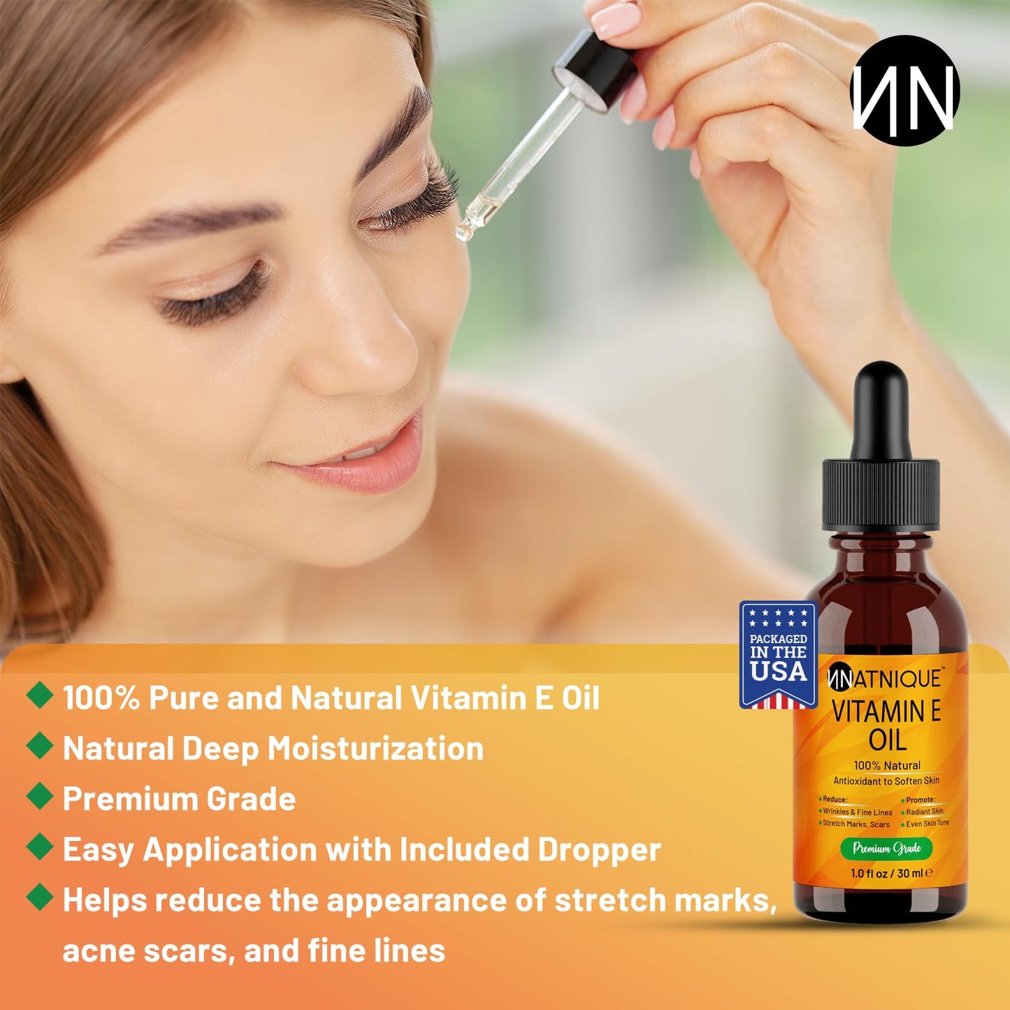 Natnique Vitamin E Oil 1 oz – Natural D-Alpha Tocopherol for Face, Skin, Hair & Nails – Pure, Non-GMO Moisturizer for Scars, Stretch Marks & Dry Skin – Cold-Pressed Carrier Oil for Body & Beauty Care