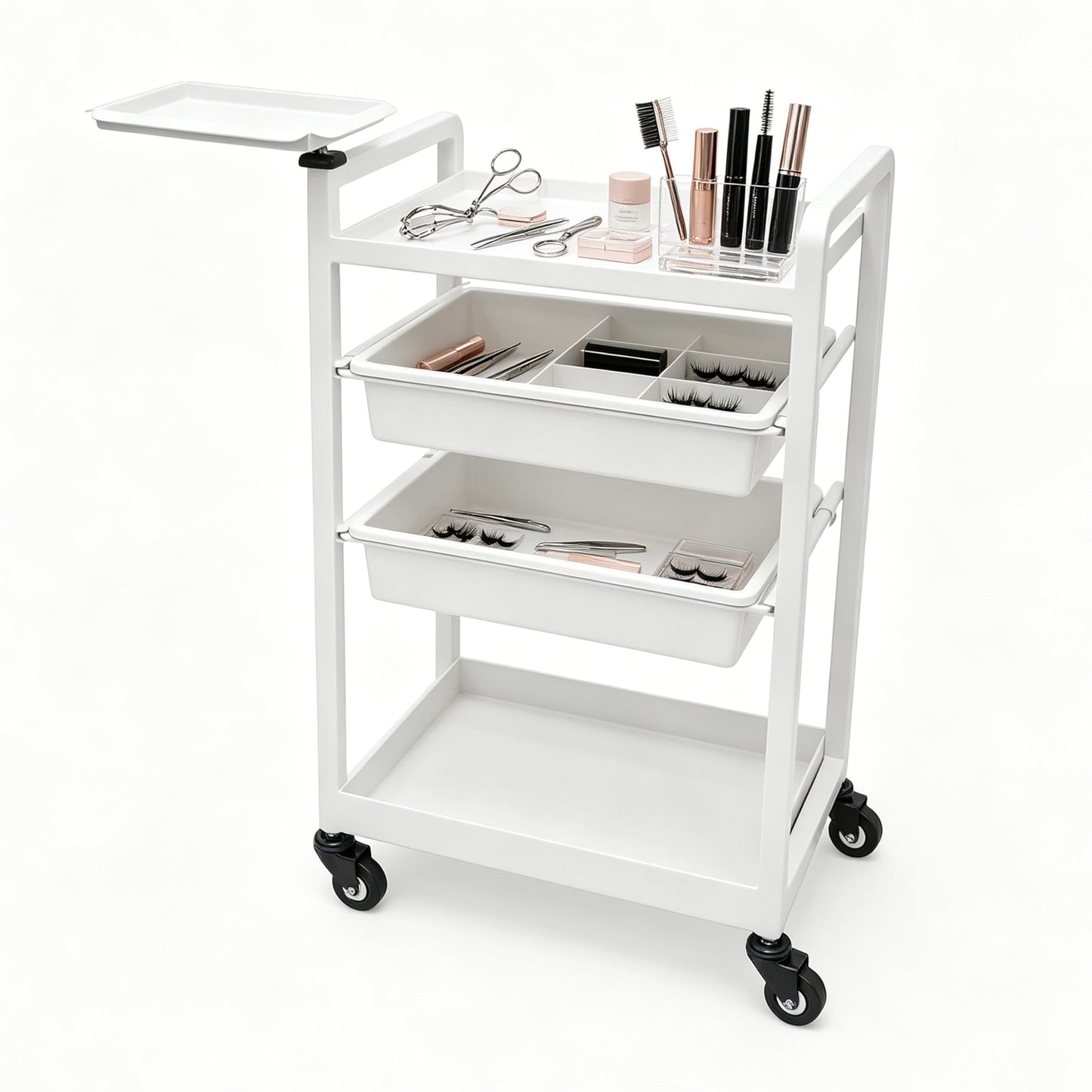 Lash Cart Beauty Eyelashes Cart Organizer Esthetician Utility Trolley Salon Spa Rolling Trolley with Wheels Metal Storage Tray Fully Assembled 4 Drawers White Elitzia ETST19