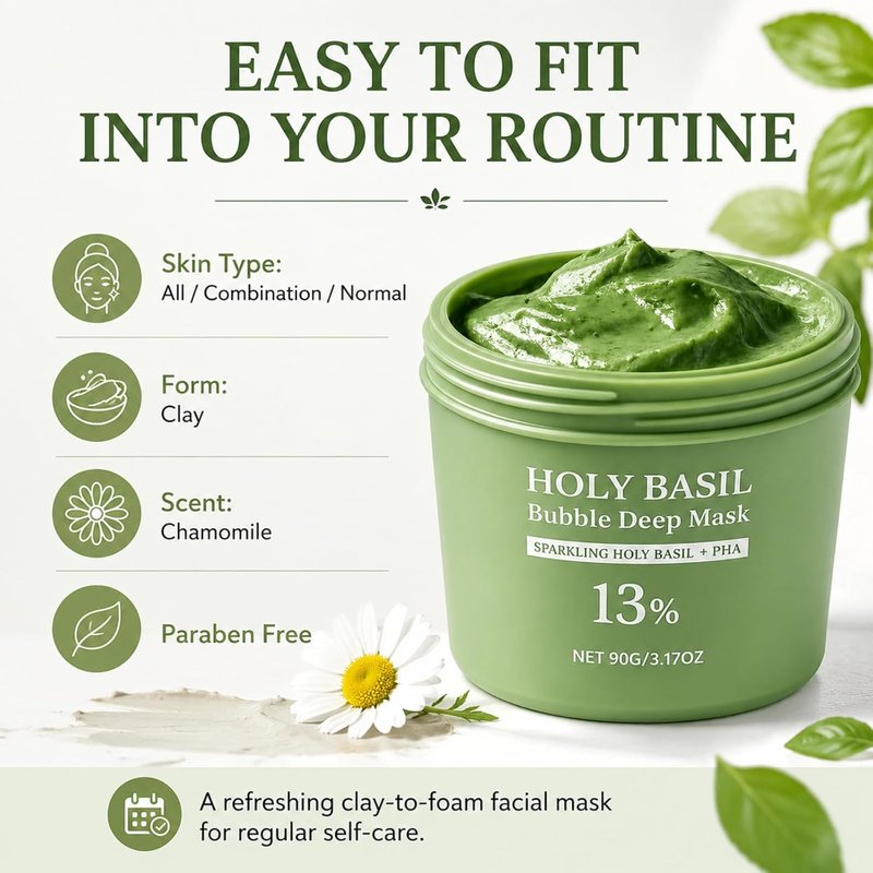 Holy Basil Bubble Deep Mask - Clay-to-Foam Facial Mask with PHA & Extract | Gentle Cleansing & Hydrating 90g (Green)