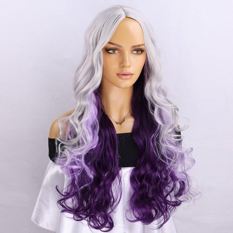 RightOn Silver Grey to Purple Wig Long Curly Wig Silver Mix Purple Wigs Long Wavy Wig Natural Looking Synthetic Wig Cosplay Wig for Women Wig Cap Include