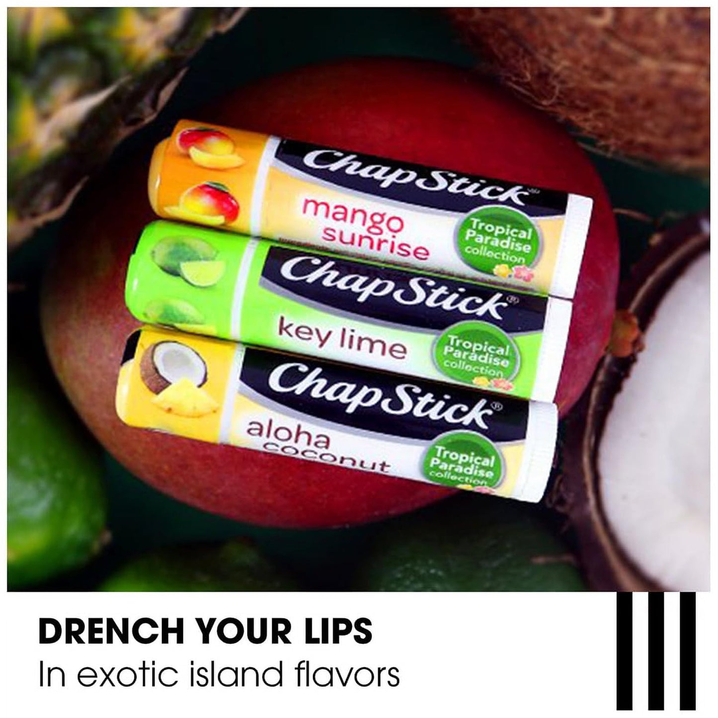 ChapStick Lip Care Set, Tropical Paradise Collection 3-Pack – Mango Sunrise, Key Lime & Aloha Coconut Lip Balm, 0.15 Oz Ea