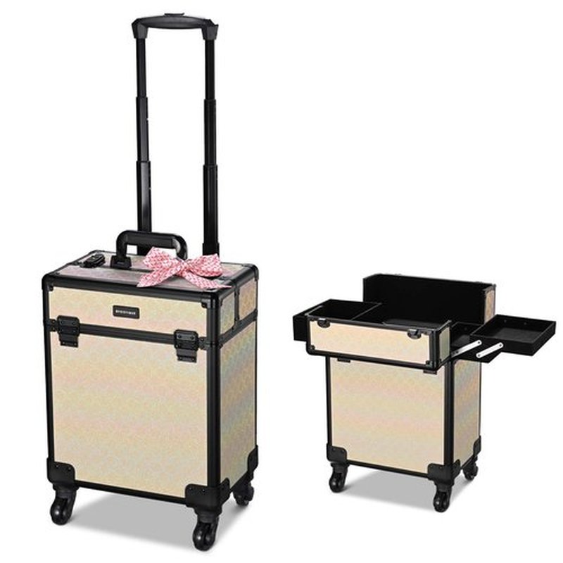 BYOOTIQUE Rolling Makeup Train Case Aluminum Cosmetic Case Portable Makeup Organizer Suitcase with Removable Wheels Cosmetic Trolley Organizer Salon Makeup Artist Nail Tech,Grace ForgetMeNo