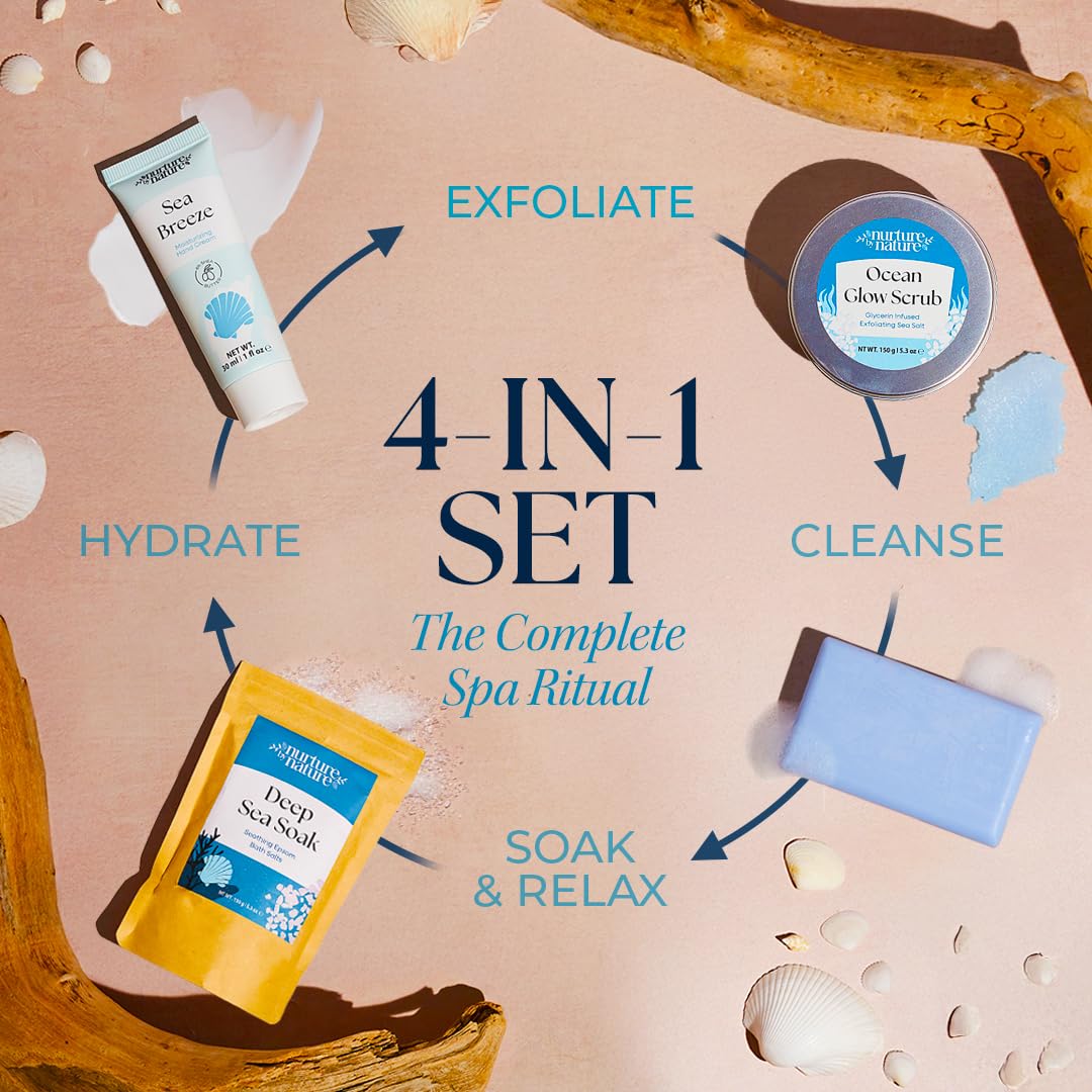 Nurture by Nature Bath Gift Set for Women - Birthday Gifts for Women, 4 Piece Spa Gift with Body Scrub, Bath Salts, Soap, Hand Cream, Self Care Gift for Mother’s Day, Gifts for Her, Gift for Mom