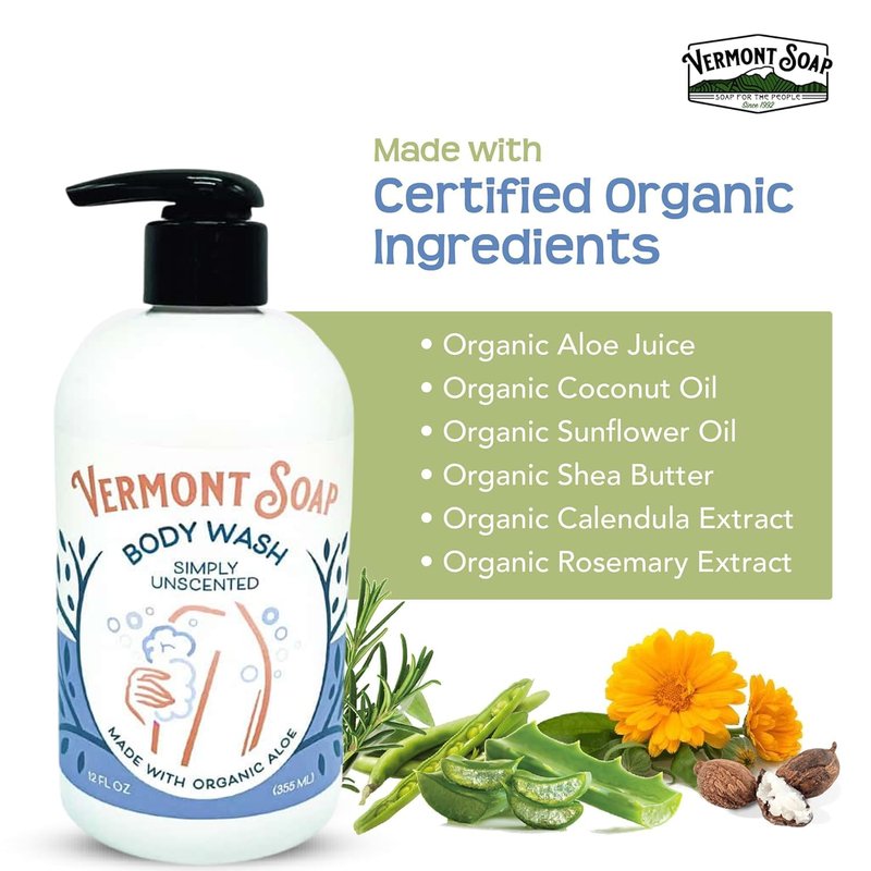 VERMONT SOAP Body Wash, Natural Body Wash with Shea Butter, Mild Gel Body Wash for Moisturizing and Soothing Skin, Fragrance Free Body Wash for Women & Men (Simply Unscented, 12oz)