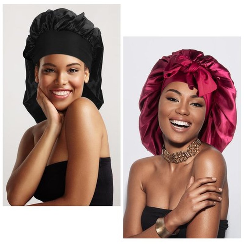 Arqumi Pack of 2 Satin Sleeping Bonnet,Large Satin Sleep Bonnet with Elastic Long Strap,Adjustable Sleep Cap Hair Bonnet for Women & Men,Black+Red