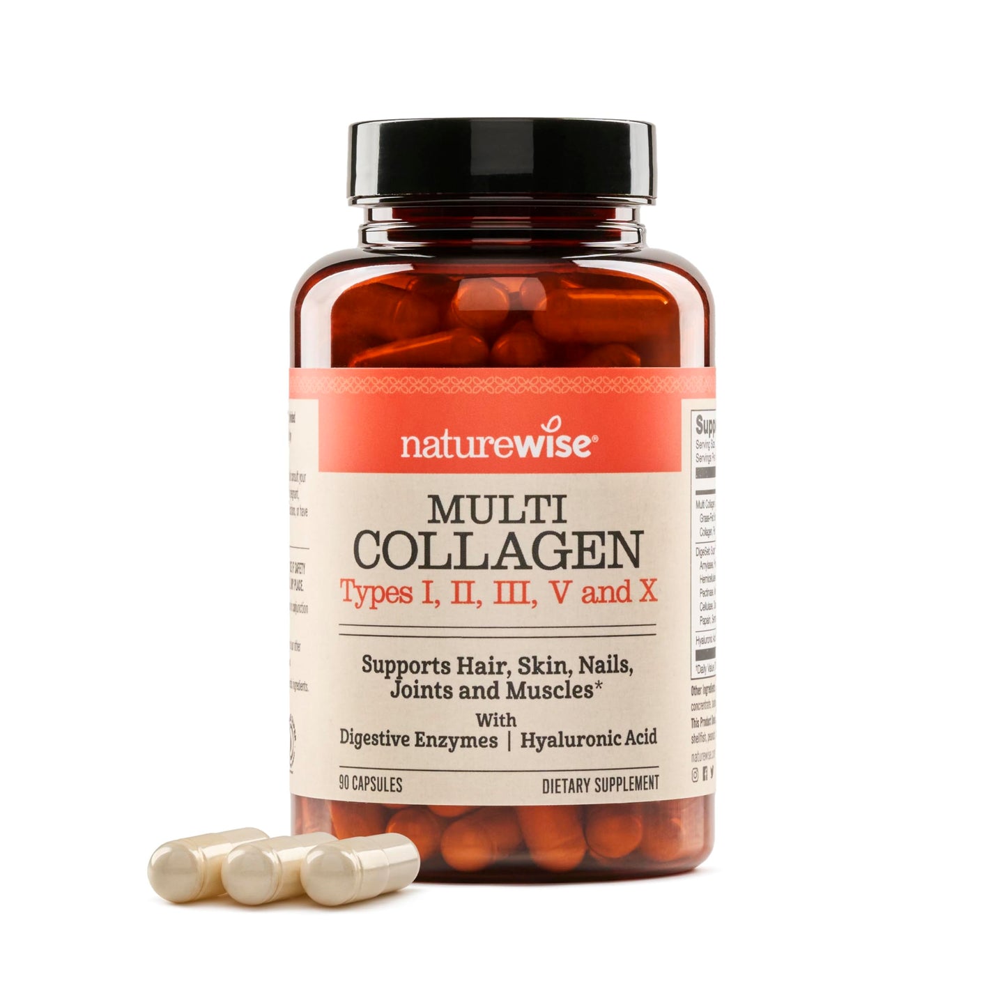 NatureWise Multi Collagen Peptides Pills for Women & Men - Type I, II, III, V, X w/Hyaluronic Acid - Supports Skin, Hair, Joint Health* - Grass Fed, Gluten Free, Non-GMO - 90 Capsules[30 Day Supply]