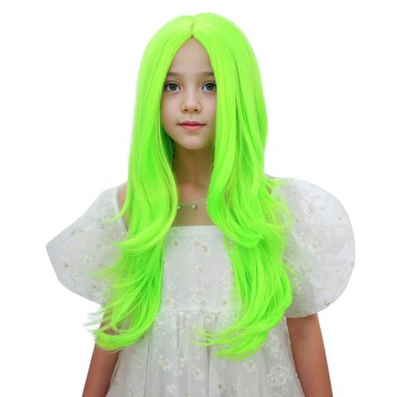 Edivd Neon Green Wig for Kids Girls Long Green Ombre Middle Part Wig Children Light Green Wavy Curly Wig Heat Resistant Synthetic Wig with Wig Cap