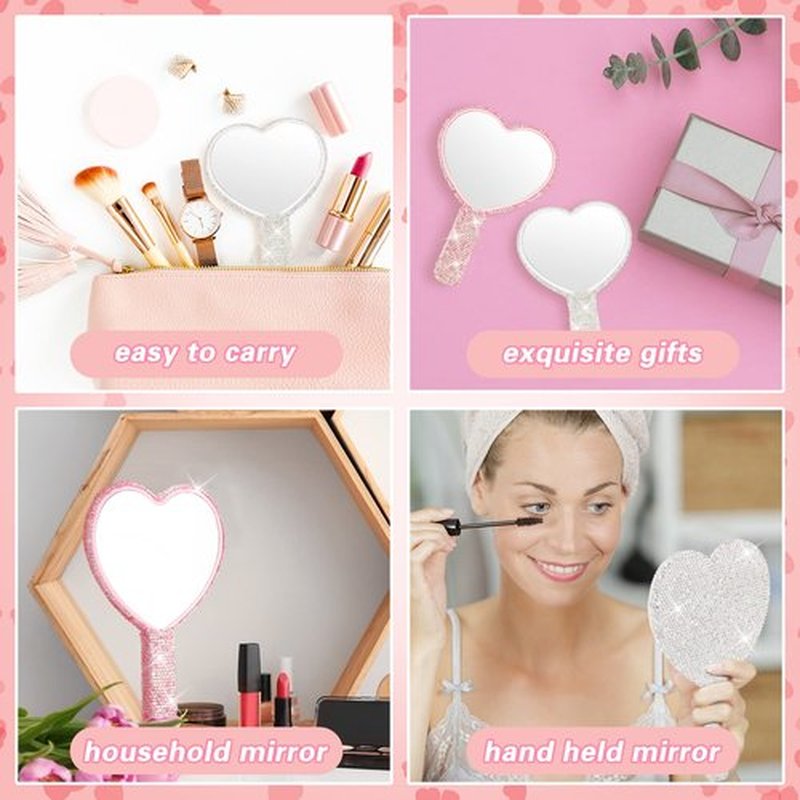 Tatuo 2 Pcs Rhinestone Mirror Handheld Bling Heart Lip Shaped Mirror Glitter Cosmetic Hand Mirror with Handle Portable Cute Travel Makeup Lash Mirror for Women Girls(Pink and White, Heart)