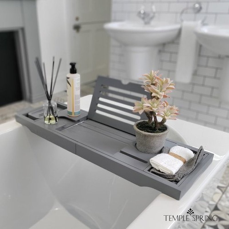 Temple Spring Bathtub Caddy Tray - Extendable Bath Tray for Bathtub with Candle, Wine Glass, Book, Pad & Phone Holders - Adjustable Bathtub Tray Over tub w/Bathroom Accessories - Grey