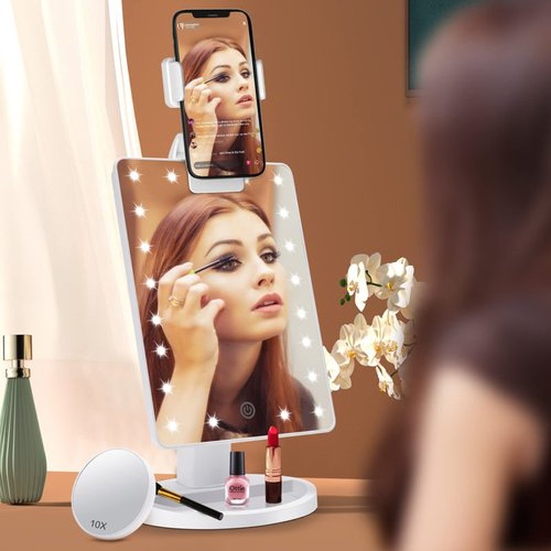 Lighted Makeup Vanity Mirror with Phone Holder and 10X Magnifying Mirror, 21 LED Lighted Mirror with Touch Sensor Dimming, 180°Adjustable Rotation, Dual Power Supply, Portable Cosmetic Mirror