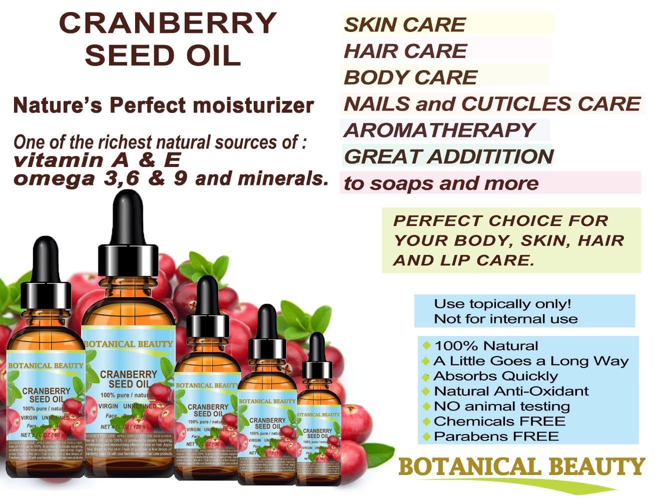 Botanical Beauty CRANBERRY SEED OIL 100% Pure Natural Unrefined Virgin Cold Pressed Carrier Oil 0.5 Fl Oz - 15 ml. for Face, Skin, Body, Hair, Lips, Nails, Anti - Aging Face Oil