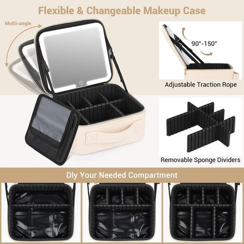 Aiborke Travel Makeup Bag with Led Mirror Make up Case with Lighted Mirror Cosmetic Organizer bag with Adjustable Dividers and 5X Magnifying Mirror Makeup Box Organizer Vanity Case for Women (Beige)