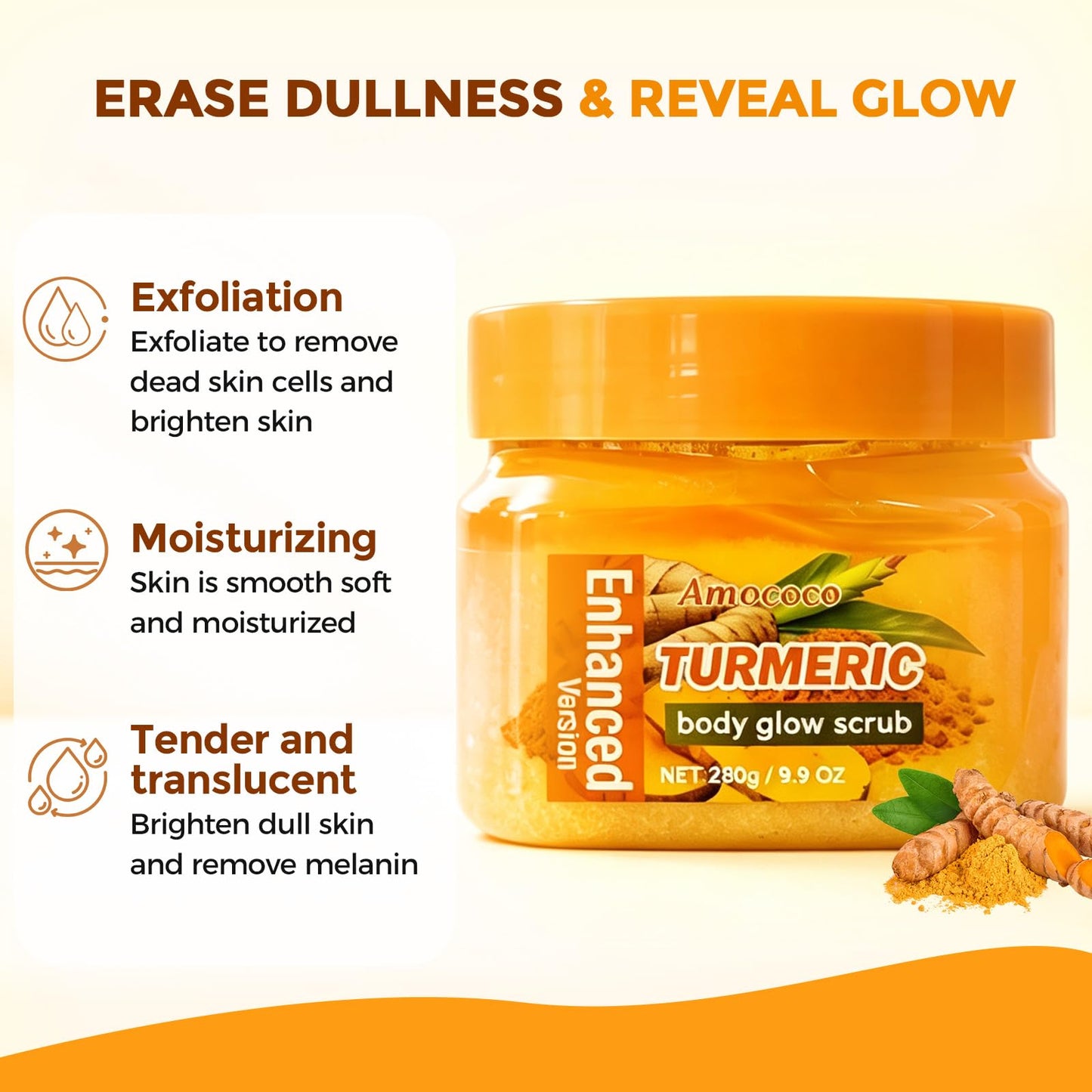 Amococo Turmeric Body Scrub, Botanical Skin Cleanser for Dullness & Uneven Tone, Gentle Exfoliating Scrub for Smooth & Glowing Skin Texture, 9.8 oz