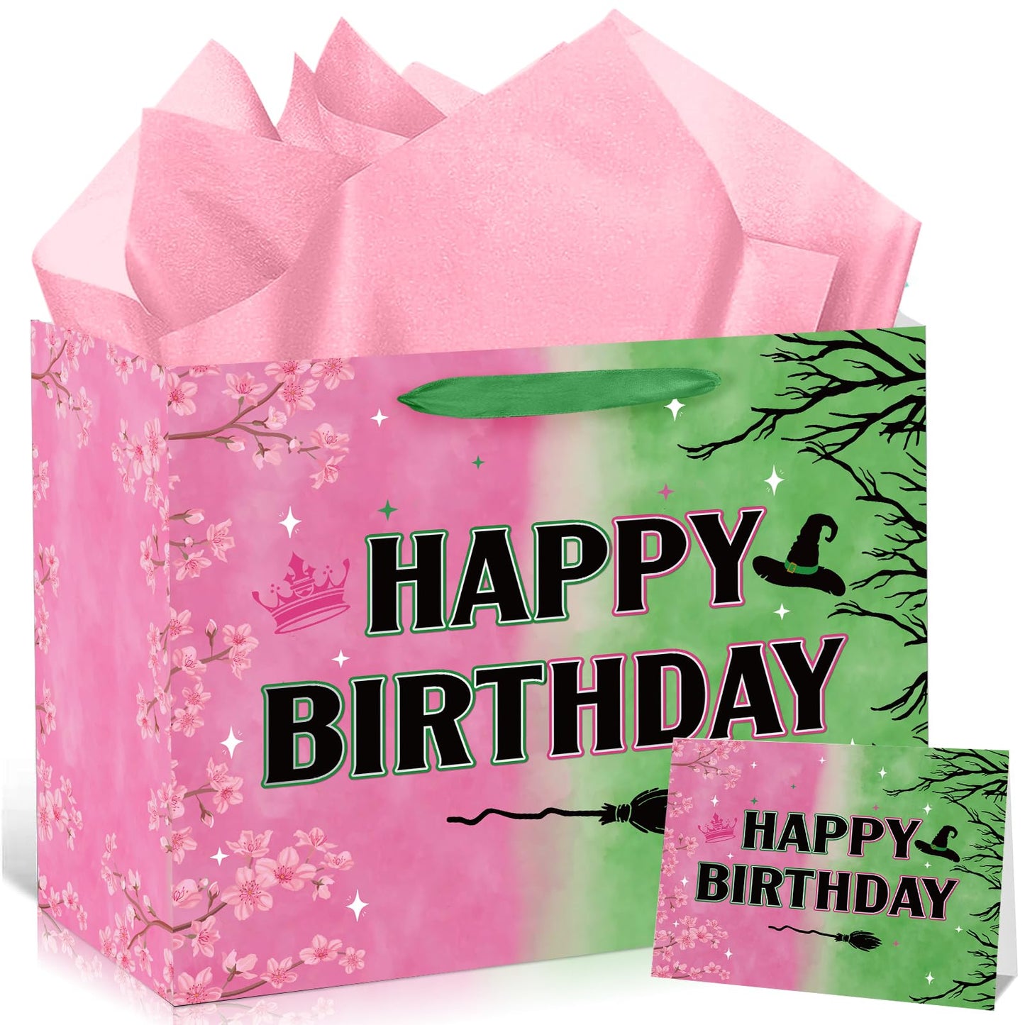 aqwithaj Witch Birthday Gift Bag for Girl Pink And Green Birthday Bag with Wrapping Paper and Greeting Card Musical Witch Hat Crown Movie Theme Paper Bags Gift Box for Friendship Bday Party Supplies