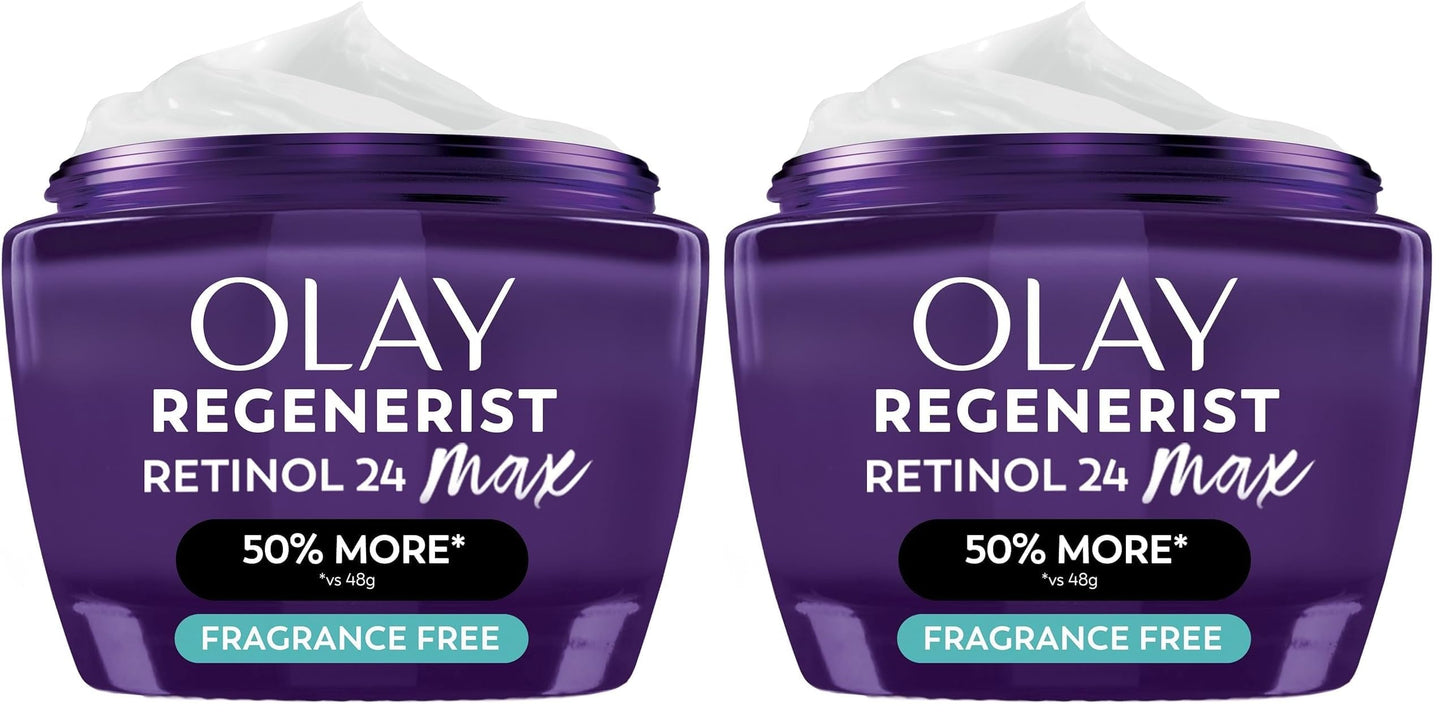 Olay Retinol Night Cream for Women,MAX,Anti-Aging Face Mousturizer,Fragrance-Free,Non Greasy - Anti-Wrinkle,Smooth Fine Lines,Hydrating Skin Care - Triple Collagen Cream,Niacinamide,1.7oz,(Pack of 2)
