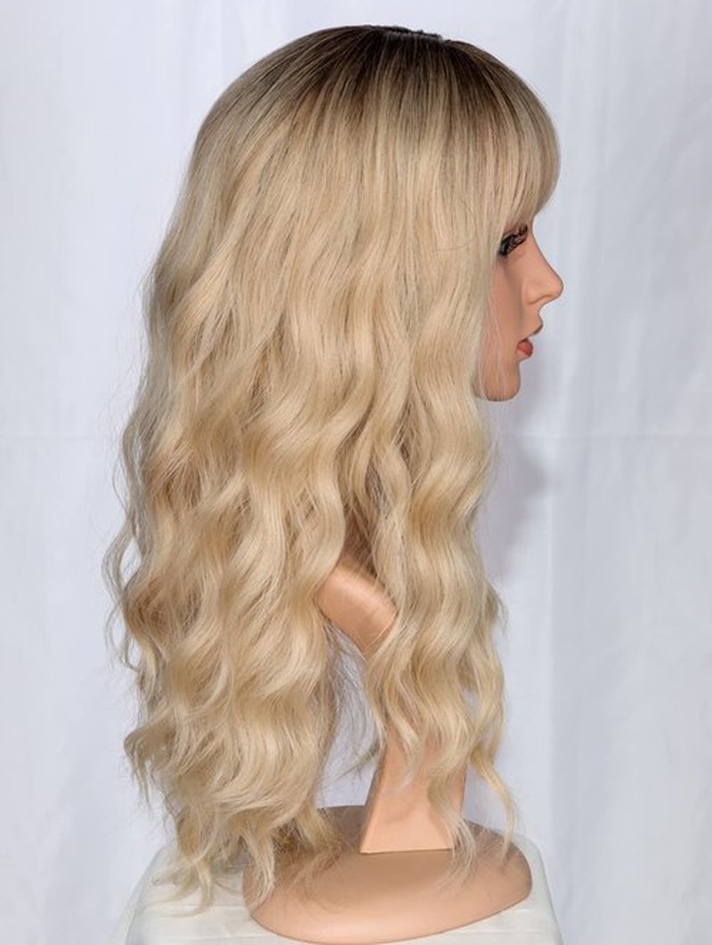 SYMEIW Medium Long Blonde Wavy Wigs For Women Synthetic Full Hair Wigs With Bangs For Daily Use (Blonde)