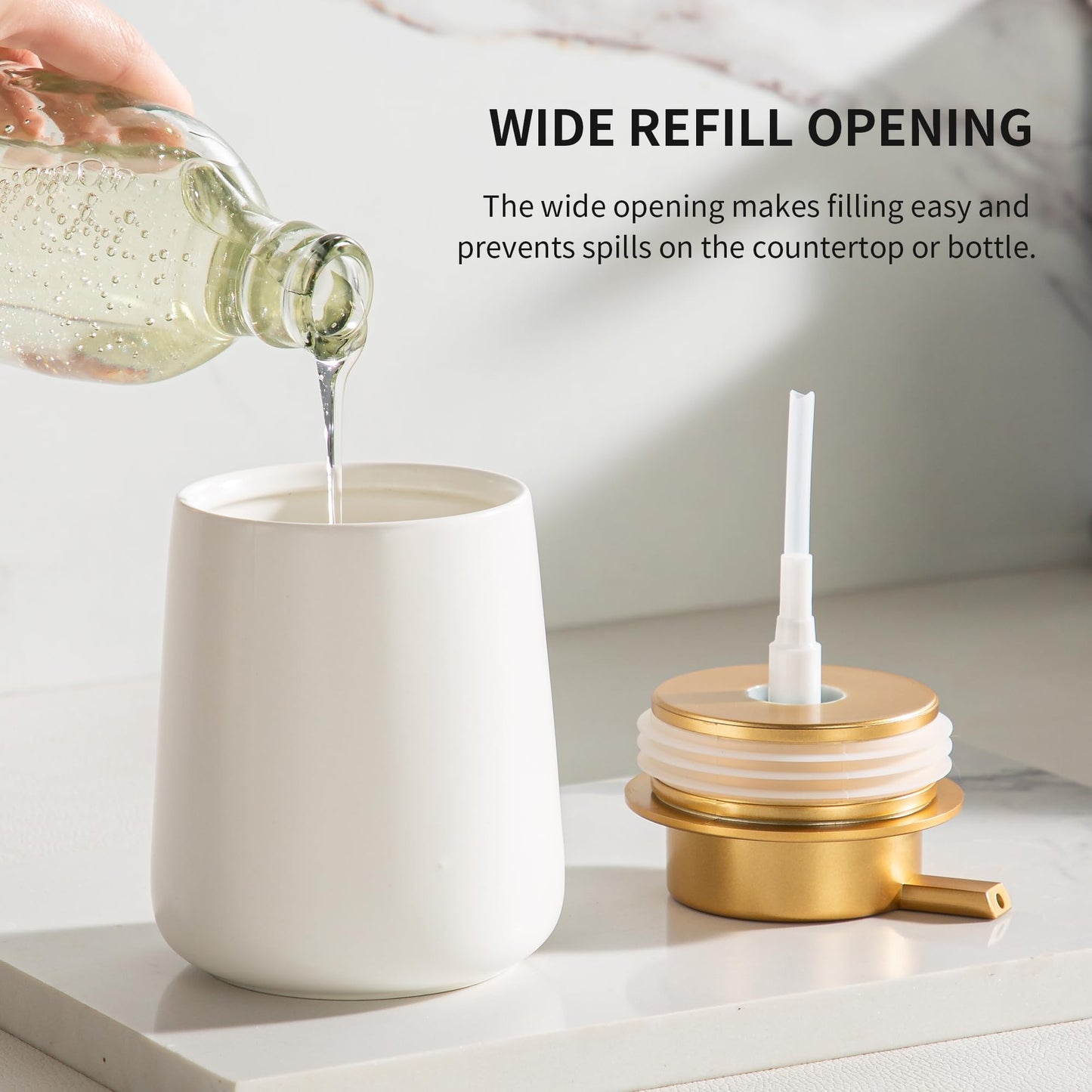 Enra Ceramic Soap Dispenser, 12 Oz Wide-Mouth Hand Lotion Dispenser with Gold Pump, White Refillable Dish Soap Dispenser for Kitchen & Bathroom Countertop Decor