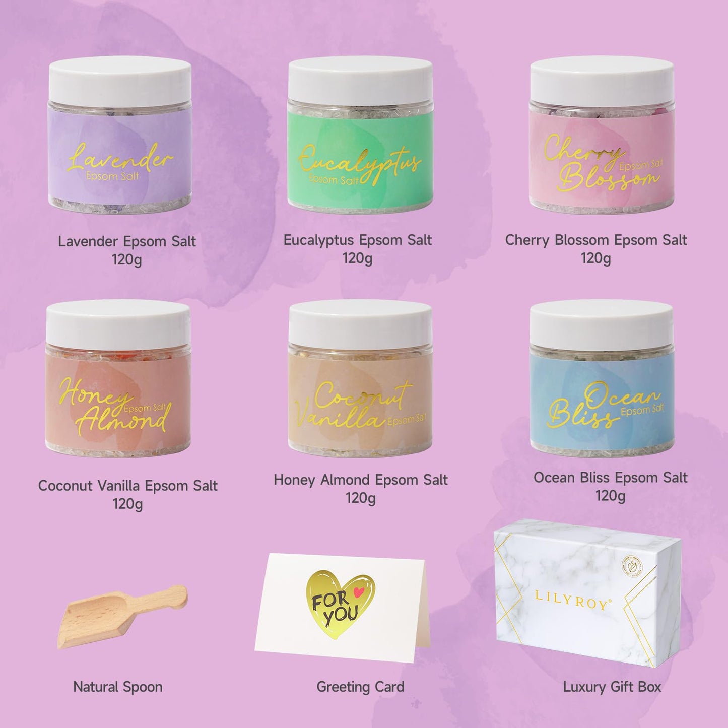 Christmas Gifts for Mom - Luxury 9-Piece Floral Epsom Salt Gift Set for Women with 6 x 120g Epsom Salt, Bath & Body Gift Set in Elegant Box | Perfect Mothers Day, Birthday Gifts for Her & Him