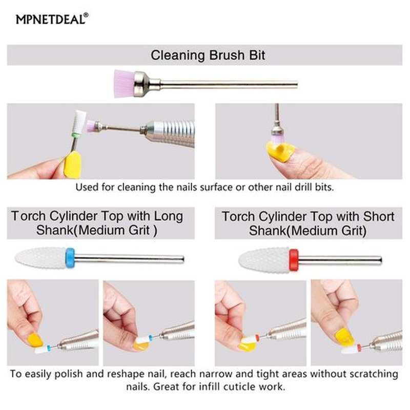 MPNETDEAL Ceramic Nail Drill Bits Set 7Pcs, Durable Less Dust, 3/32 inch for Acrylic Gel Nails Cuticle Manicure, Professional Acrylic Nail File Drill Bit