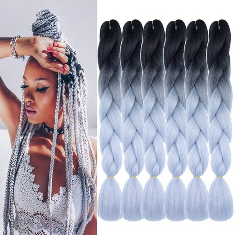 SHUOHAN 6 Packs Ombre Jumbo Braiding Hair Extensions 24 Inch High Temperature Synthetic Fiber Hair Extensions for Box Braids Braiding Hair (Black to Silvery Gray)