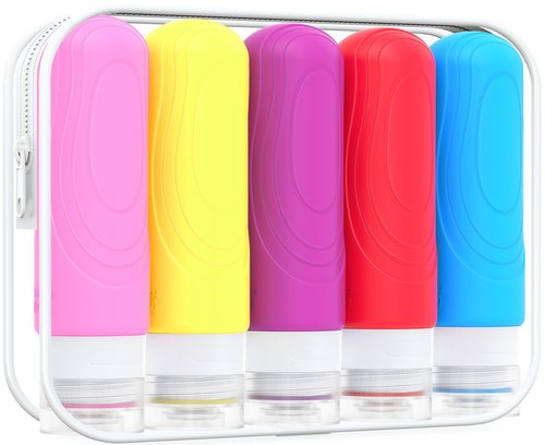 GLAMFIELDS Travel Bottles for Toiletries, 3oz Size TSA Approved Leak Proof Silicone Containers for Shampoo, Conditioner,Easy to Squeeze and Portable, Essentials for Traveling (5 Pack) Mixcolor