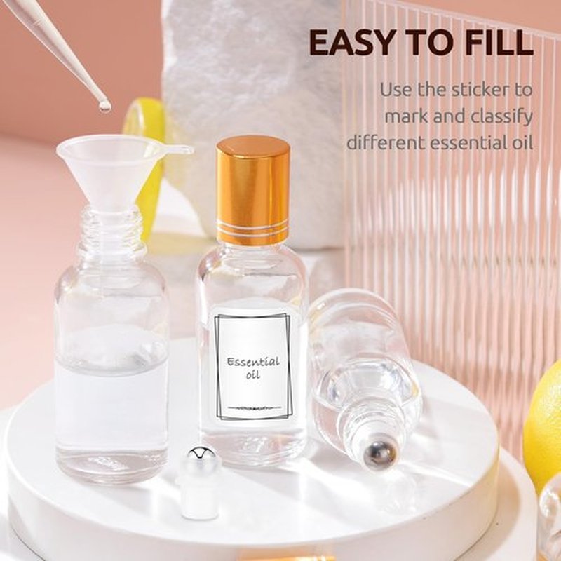 bofessor 30ml Glass Roller Bottles 5-Pack, Refillable Roll-On Bottles for Essential Oils, Perfume, and DIY Blends with Stainless Steel Rollers-Clear