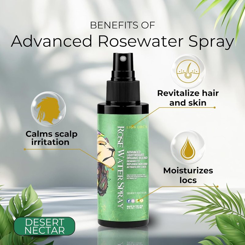 Lion Locs Rosewater Moisturizing Spray - Organic Vegan Conditioner for Locs & Skin | 4oz Desert Nectar