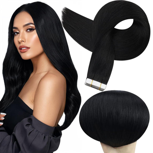 Full Shine Seamless Tape in Real Hair Extensions Color 1 Jet Black Double Sided Tape in Hair Extensions Human Hair 12 Inch Short Hair Cut Layered Hair Style 30G 20Pcs Adhesive Tape ins Thick End