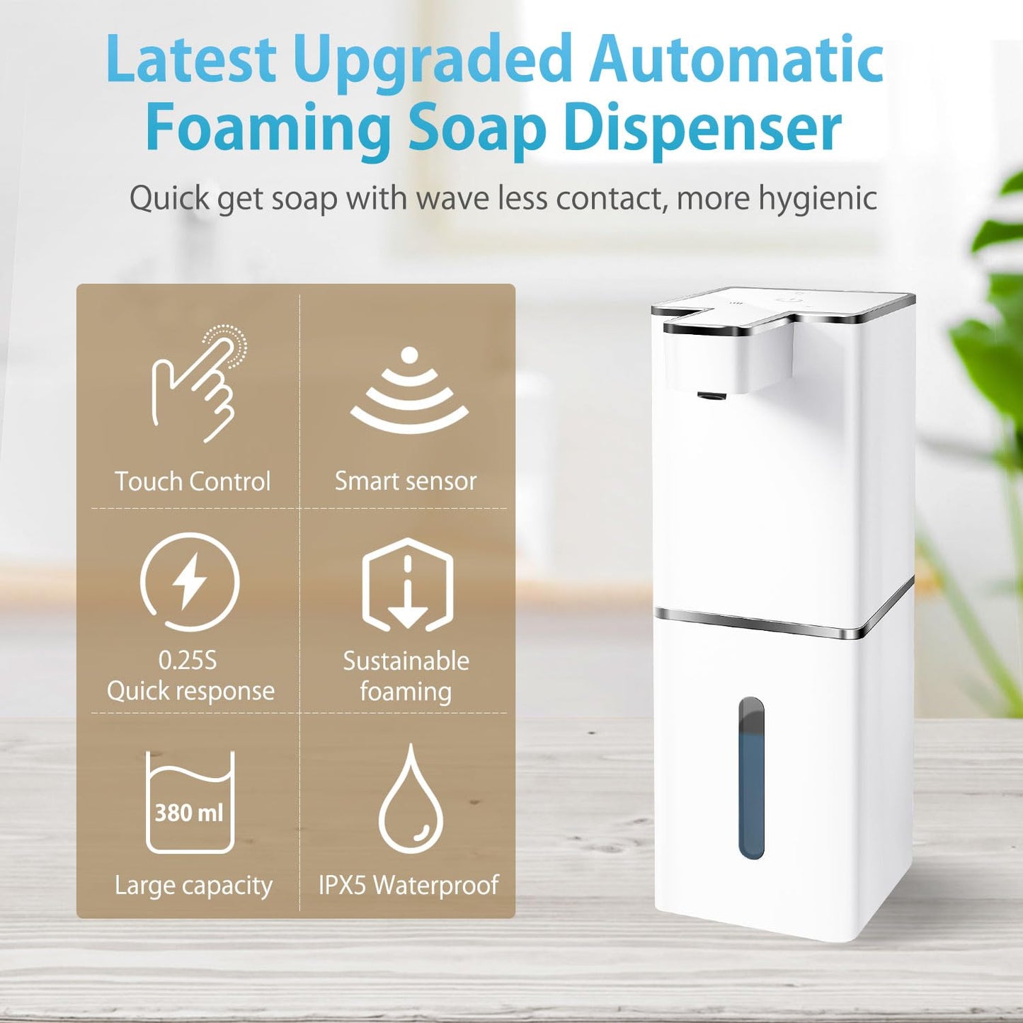 JEMISUN Automatic Foaming Soap Dispenser Touchless 380ml/12.8oz Rechargeable Hand Soap Dispenser Wall Mounted 4 Levels Adjustable Foam Soap Pump for Bathroom Kitchen Dish Soap