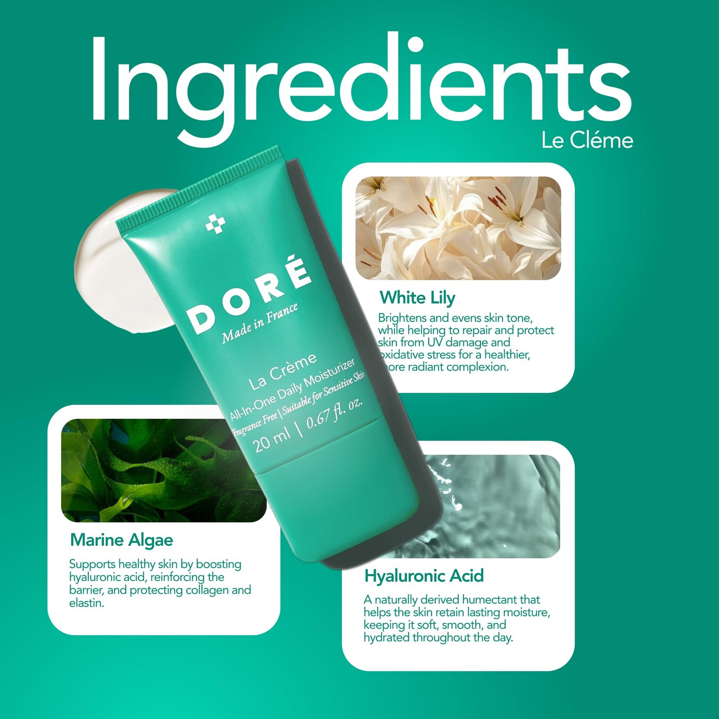 Doré - La Crème All-In-One Daily Moisturizer | Hydrating Face Moisturizer for Sensitive Skin | Barrier Repair Ultra Moisturizing Cream for Dry Skin | Facial Lotion for Women & Men (0.7 fl oz | 20 ml)