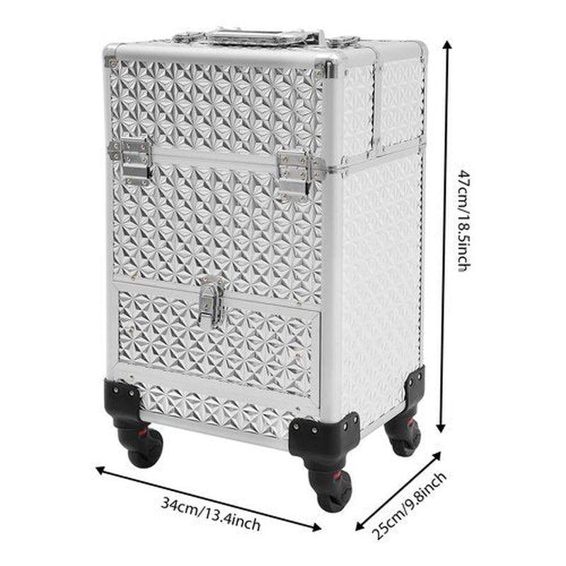 Rolling Makeup Train Case Cosmetic Box Portable Makeup Case Organizer with 7 Compartments and a Drawer Makeup Storage with Lock for Cosmetologist Aesthetic Supplies Traveling Makeup Box, Sliver