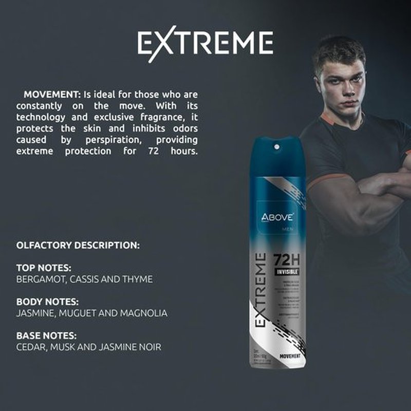 ABOVE Mens Deodorant Antiperspirant, 72 Hours (Extreme Men Movement) -Protects Against Sweat & Body Odor - Dry, No Stain & Moisturizing Instant Freshness - Deodorant Spray, Alcohol Free - 3.17 oz