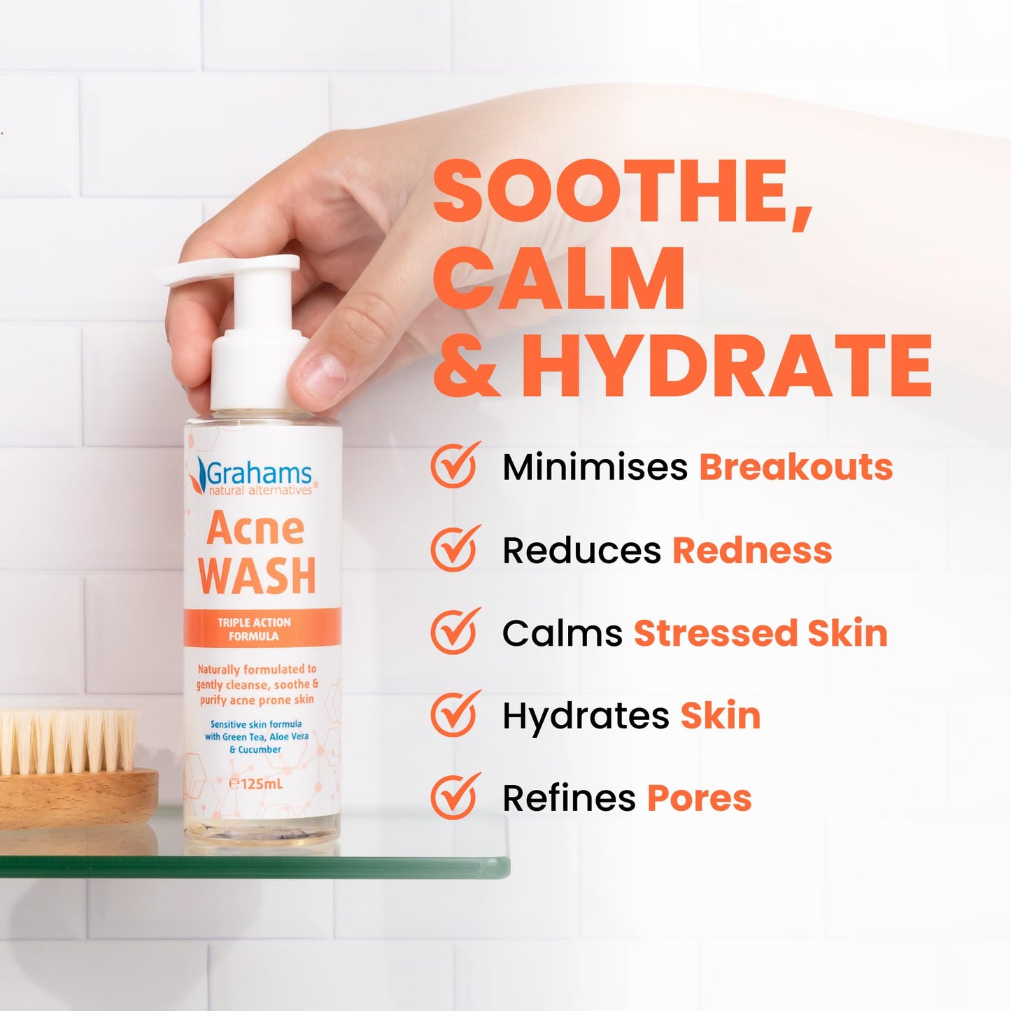 Grahams Natural All-Natural Acne Face Wash Gentle Acne Cleanser with Aloe Vera, Cucumber & Green Tea Extract - Reduces Breakouts, Calms Redness, Hydrates Skin - Hypoallergenic (4.23 fl oz)