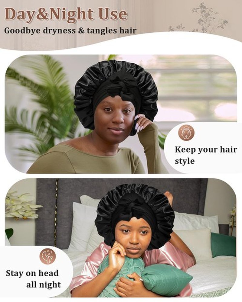 Reversible Satin Bonnet for Sleeping Women Silk Bonnet Double Layer Hair Bonnet with 2PCS Hair Scrunchies Elastic Tie Band Night Cap Hair Wrap for Natural Curly Hair (Black+Red)