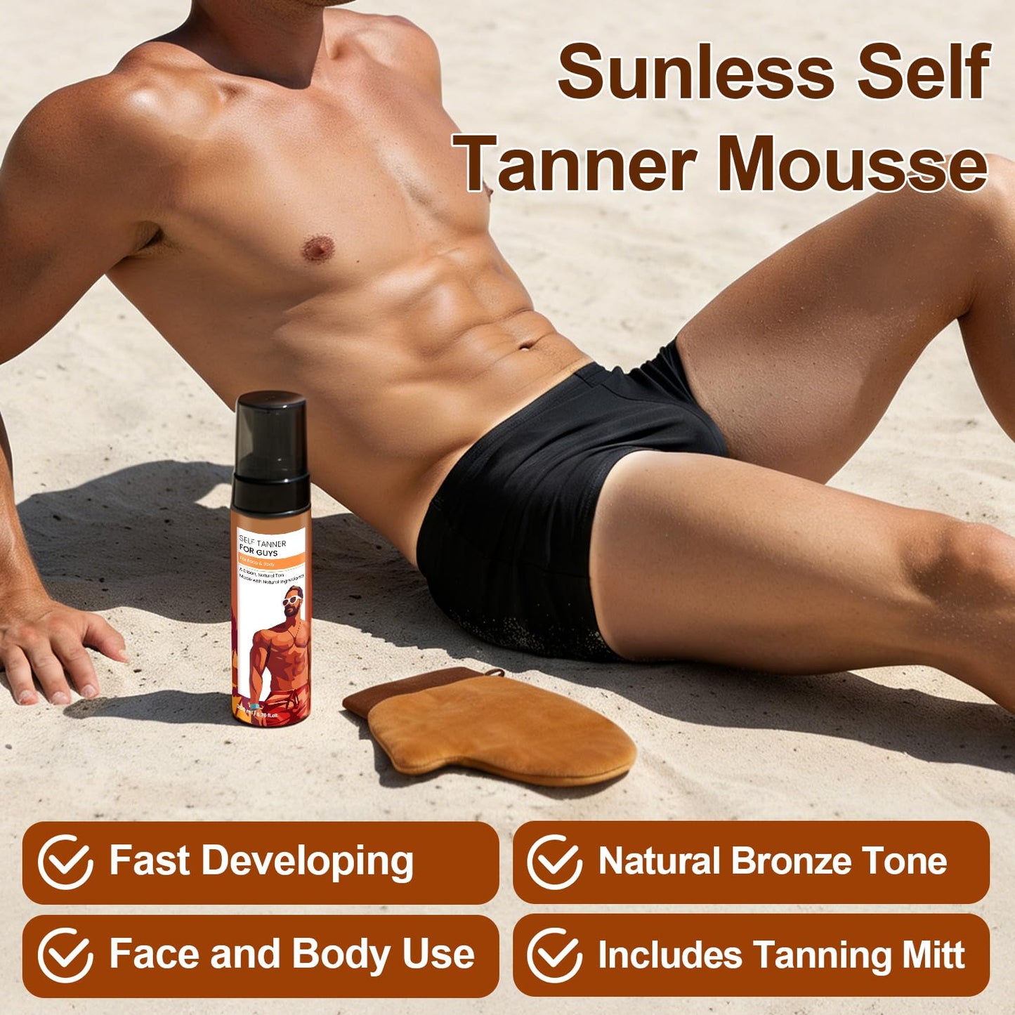 MythosFlow Self Tanner for Men Self Tanning Mousse with Mitt, Fast-Drying Sunless Tanner Foam for Face and Body, Natural Medium Bronze Quick Tan, Lightweight, Smooth Fade, 6.76 Fl Oz