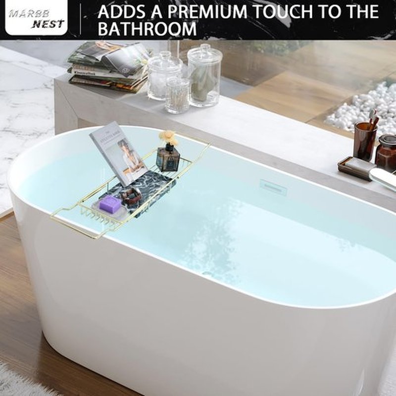 MARBBNEST Bathtub Tray Caddy for Luxury Bath Expandable Extra Wide Bath Tub Tray with Natural Marble Tray and Mobile/Tablet Stand, Ideal for Home Spa Lovers(Gold + Large Flower Green)