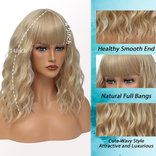Short Blonde Wigs with Bangs 14Inch Wavy Curly Blonde Bob Wig for Women Shoulder Length Natural Looking Hair Replacement Wig for Daily Party Use Cosplay Costume Halloween Wig