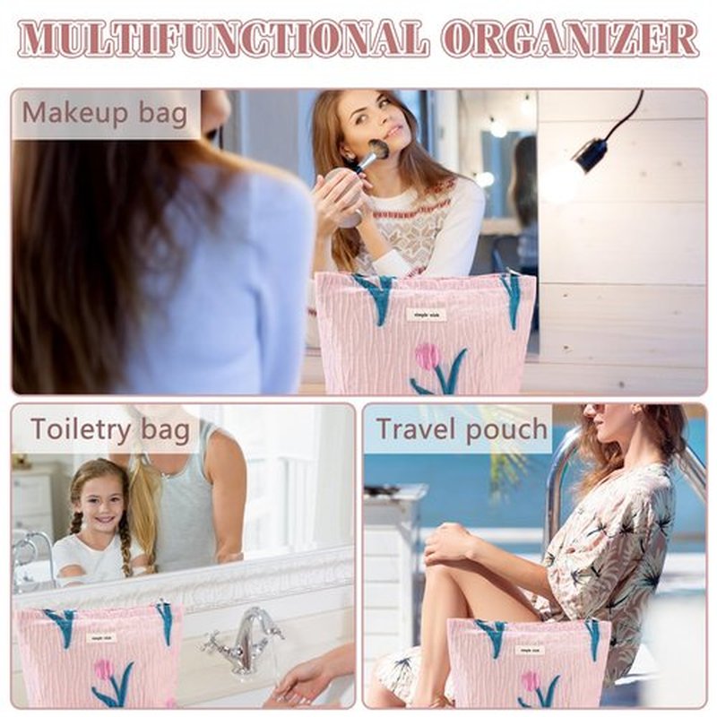 ZLFSRQ Tulip Makeup Bag Travel Cute Pink Flower Floral Cosmetic Bags for Women Large Embroidery Makeup Pouch Zipper Cosmetic Pouch for Purse Aesthetic Makeup Organizer Bag Portable Toiletry Bag