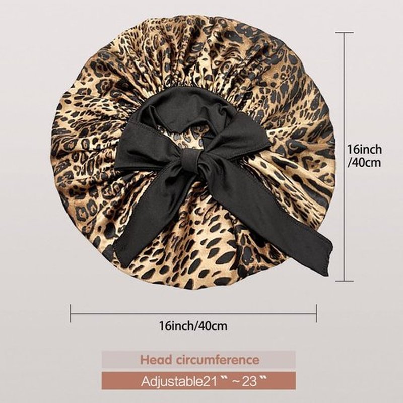 Arqumi 2 Pcs Cheetah-Print Satin Silk Bonnet for Sleeping Women, Large Cute Bonnet with Long Strap Tie Band Adjustable Sleep Night Cap Hair Bonnet for Men Long Short Hair, Black+Leopard Print