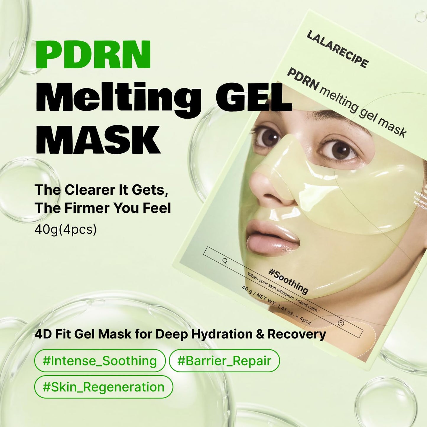 LALARECIPE PDRN Melting Hydrogel Night Mask, Centella-Derived PDRN for Skin Intense Soothing & Revitalizing, Intensive Overnight Calm Care Face Mask, Korean Skin Care (1.35 fl oz x 4ea)
