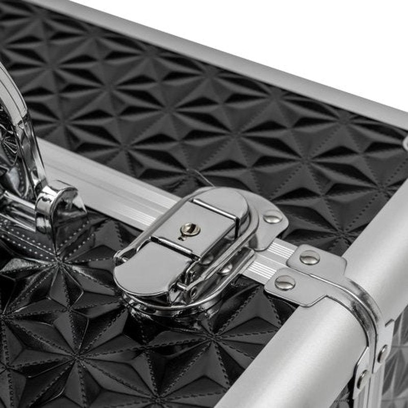 Rolling Makeup Train Case with Drawers&4 Wheel, Professional Aluminum Cosmetic Trolley Cases, Manicure Storage Case, Portable Beauty/Nail Art/Hair Styling Travelling Cart Trunk (Black+Silver)