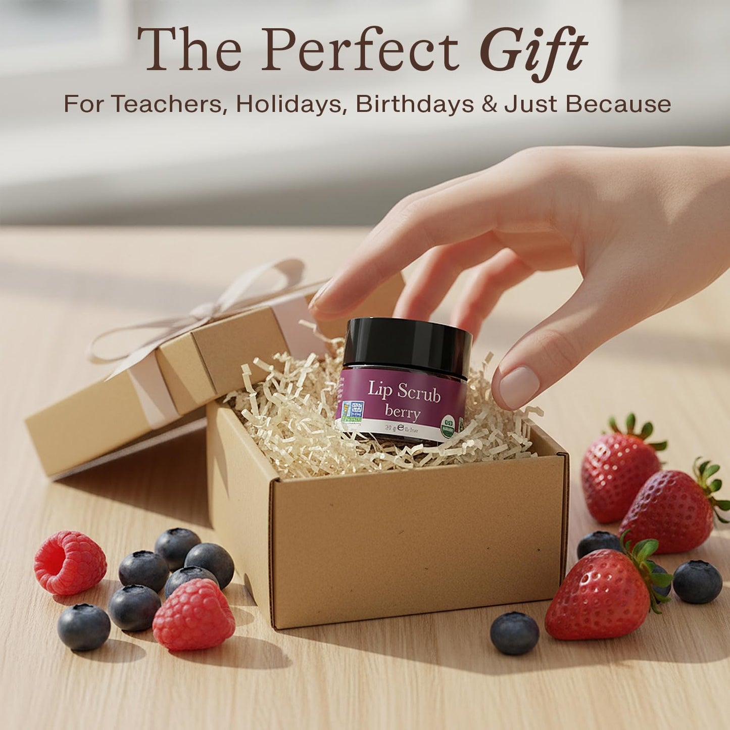 USDA Organic Lip Scrub Berry - USA Made with Natural Ingredients, Valentines Day Gifts, Moisturizing Scrub Exfoliator for Dry Lips, Lip Sugar Scrubber Exfoliator for Smooth Lips, Small Beauty Gifts